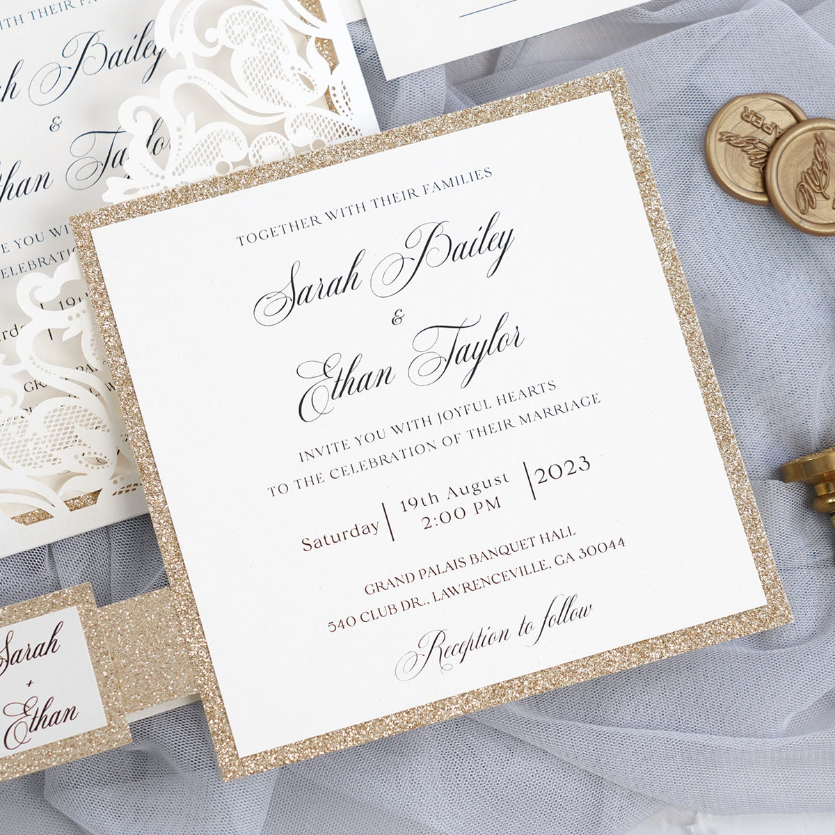 PONATIA Gorgeous Ivory Shimmer Laser Cut Wedding Invites Pocket with Glitter Backer and Belly Band