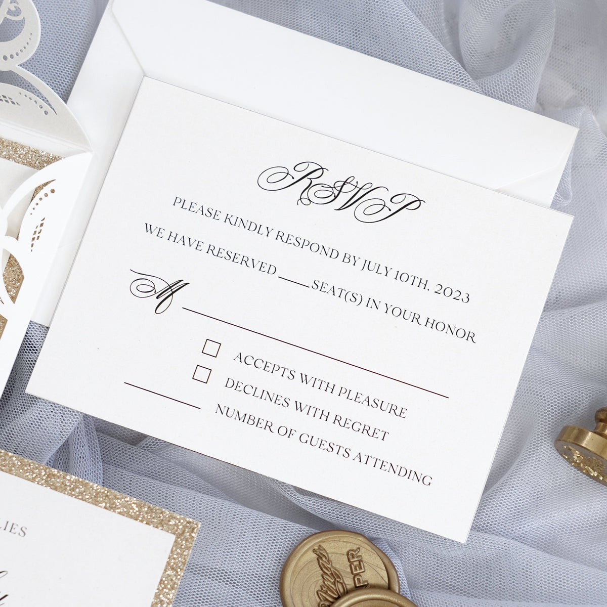 PONATIA Gorgeous Ivory Shimmer Laser Cut Wedding Invites Pocket with Glitter Backer and Belly Band