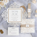 PONATIA Gorgeous Ivory Shimmer Laser Cut Wedding Invites Pocket with Glitter Backer and Belly Band