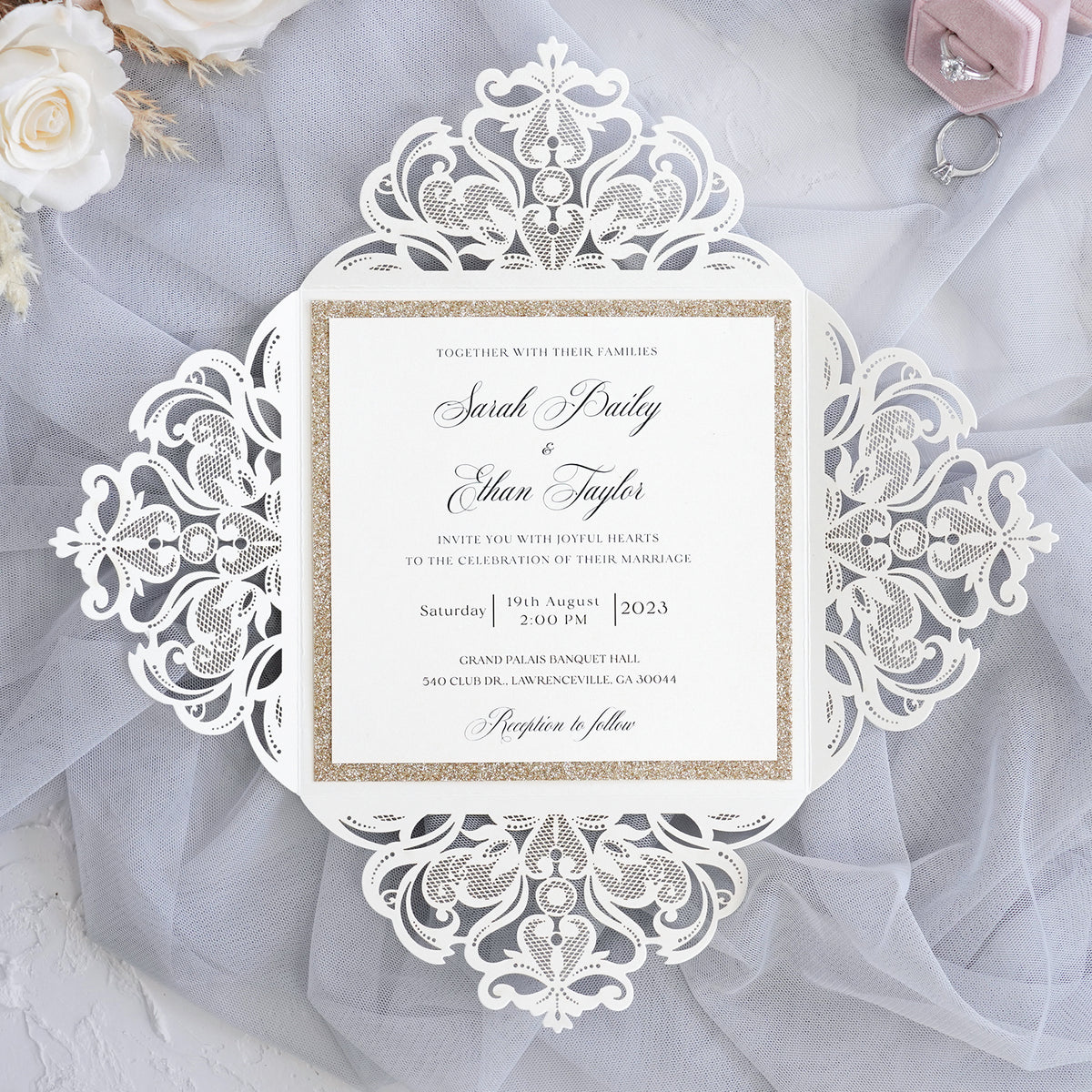 PONATIA Gorgeous Ivory Shimmer Laser Cut Wedding Invites Pocket with Glitter Backer and Belly Band