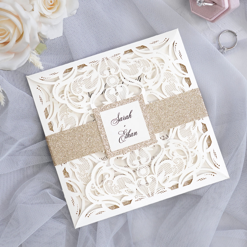 PONATIA Gorgeous Ivory Shimmer Laser Cut Wedding Invites Pocket with Glitter Backer and Belly Band