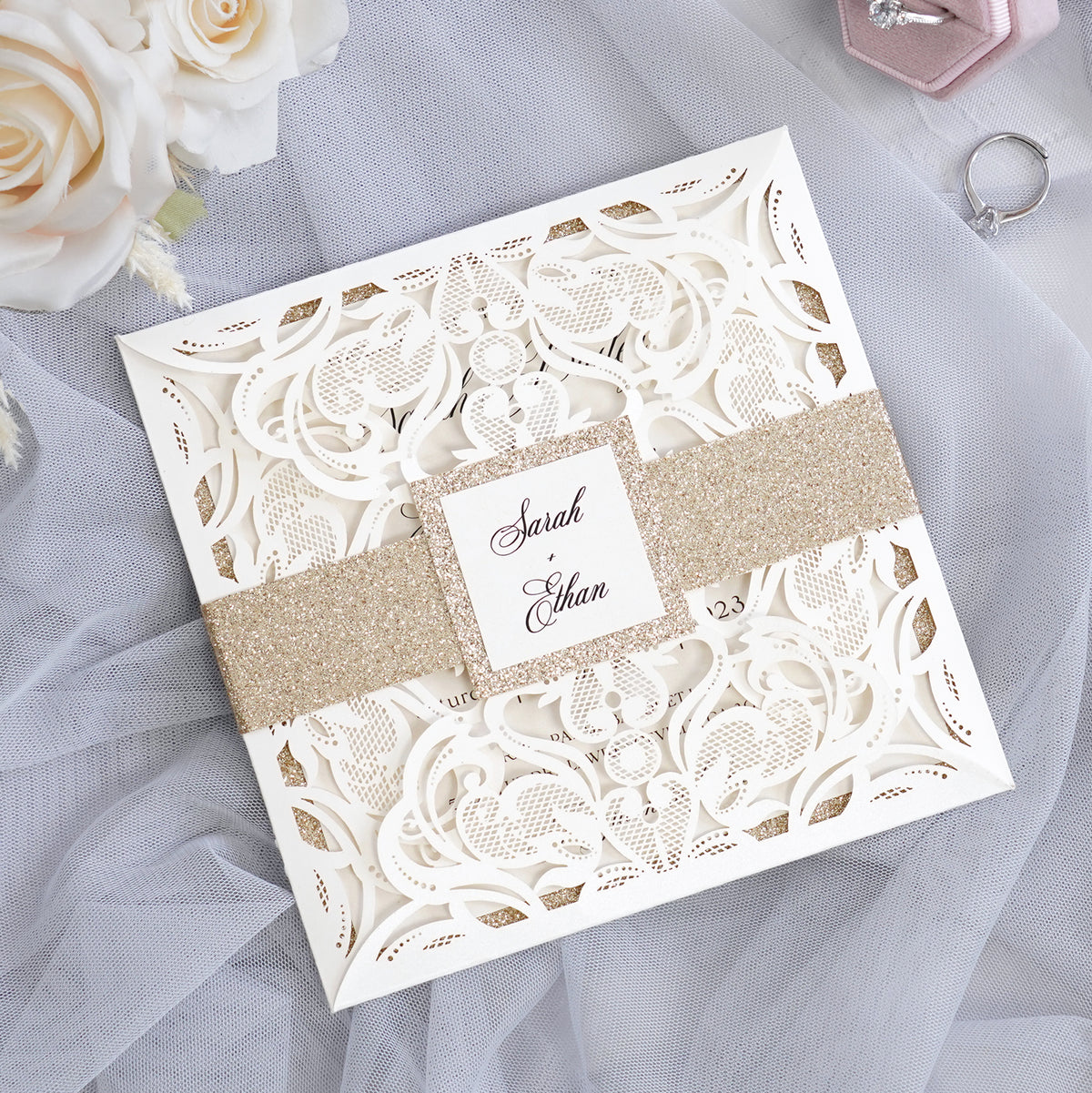 PONATIA Gorgeous Ivory Shimmer Laser Cut Wedding Invites Pocket with Glitter Backer and Belly Band
