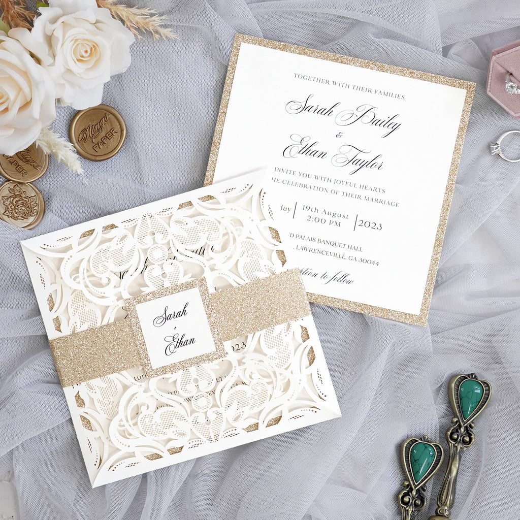 PONATIA Gorgeous Ivory Shimmer Laser Cut Wedding Invites Pocket with Glitter Backer and Belly Band