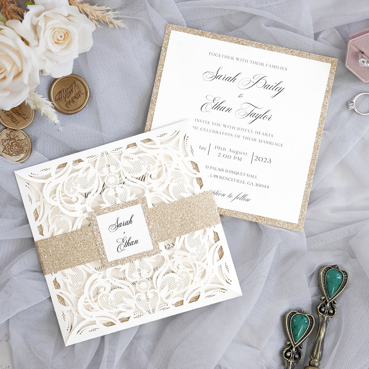 PONATIA Gorgeous Ivory Shimmer Laser Cut Wedding Invites Pocket with Glitter Backer and Belly Band