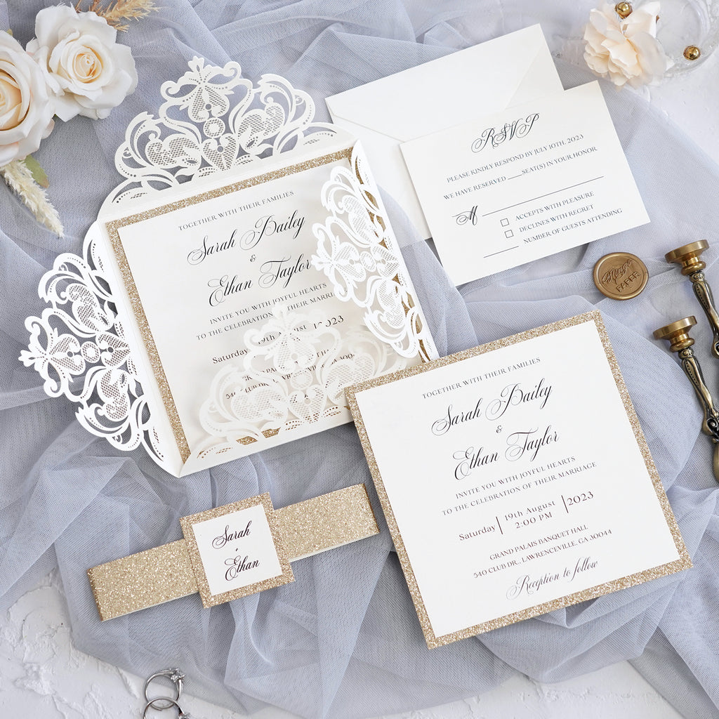 PONATIA Gorgeous Ivory Shimmer Laser Cut Wedding Invites Pocket with Glitter Backer and Belly Band