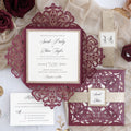 PONATIA Gorgeous Burgundy Shimmer Laser Cut Wedding Invites Pocket with Glitter Backer and Belly Band