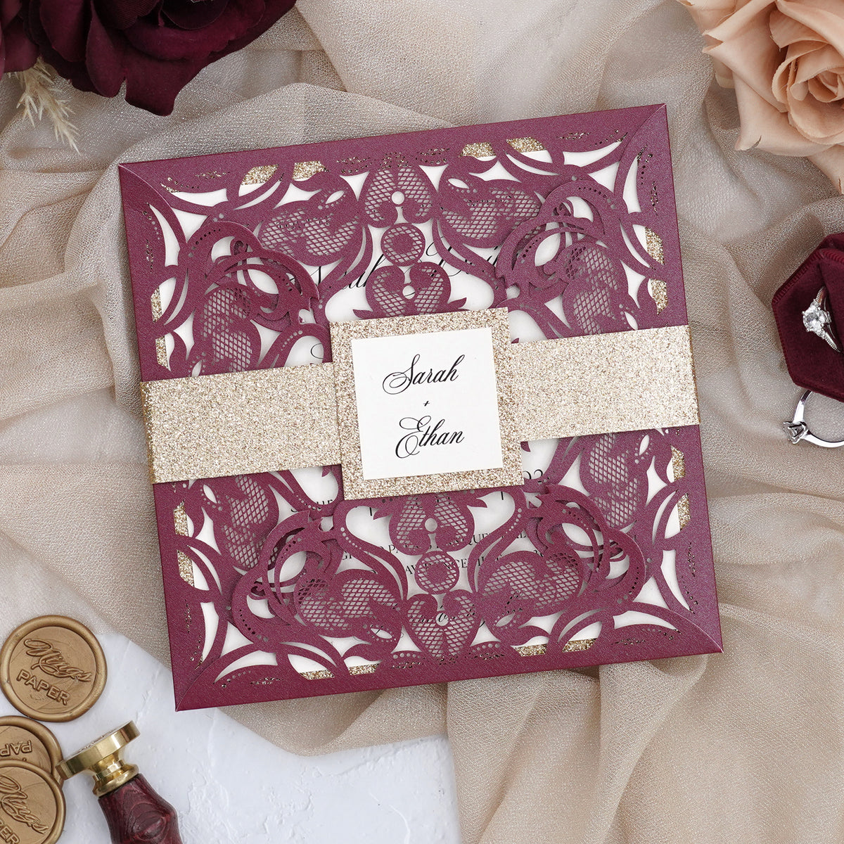 PONATIA Gorgeous Burgundy Shimmer Laser Cut Wedding Invites Pocket with Glitter Backer and Belly Band