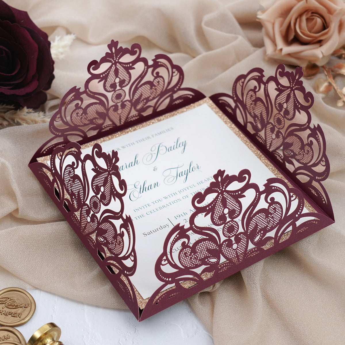 PONATIA Gorgeous Burgundy Shimmer Laser Cut Wedding Invites Pocket with Glitter Backer and Belly Band