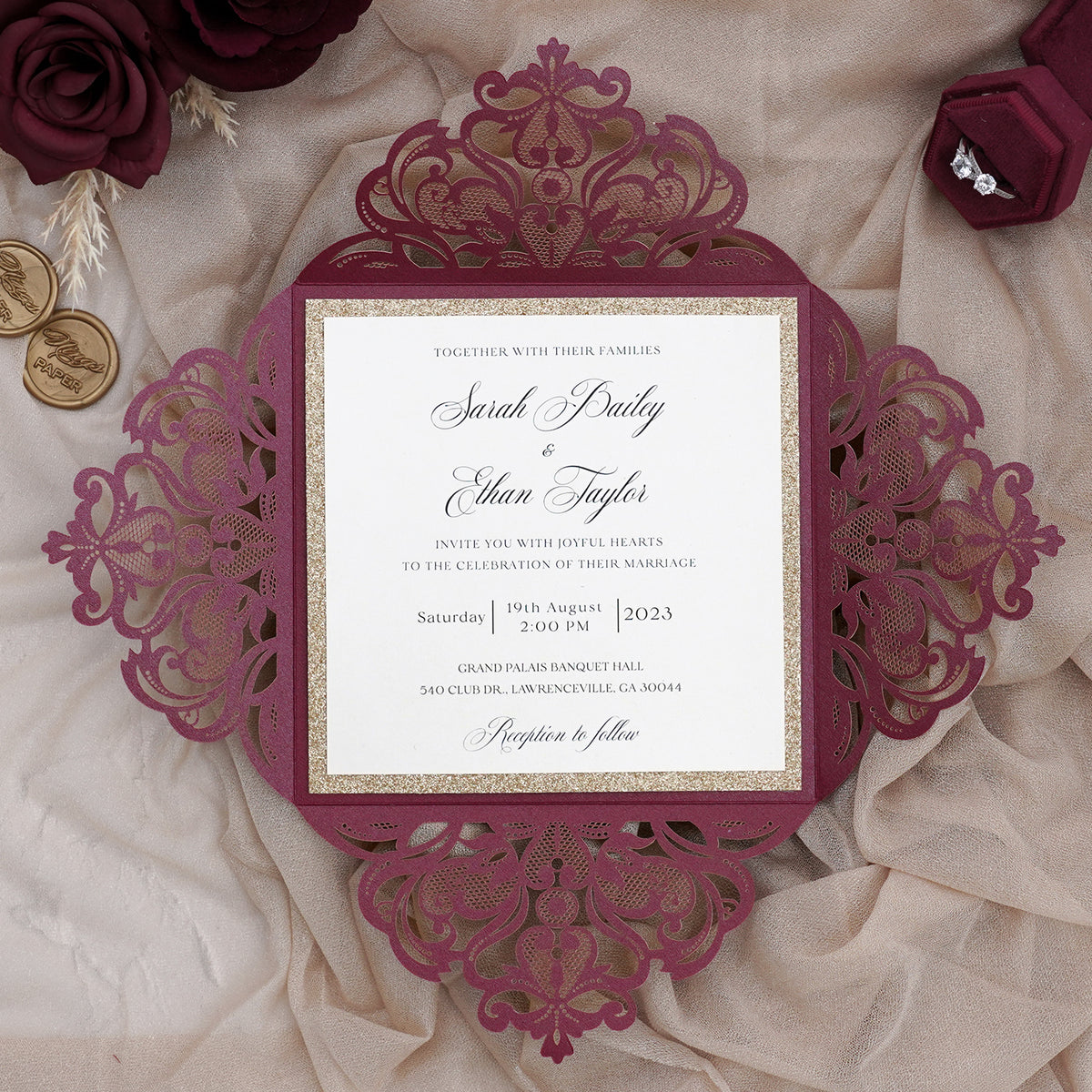 PONATIA Gorgeous Burgundy Shimmer Laser Cut Wedding Invites Pocket with Glitter Backer and Belly Band