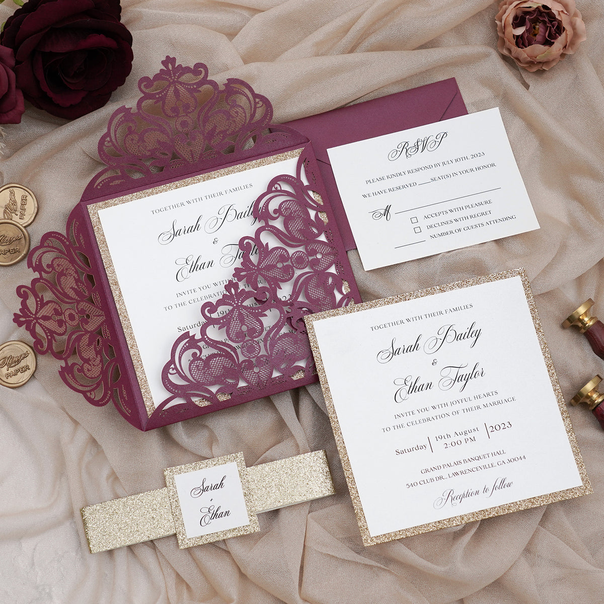 PONATIA Gorgeous Burgundy Shimmer Laser Cut Wedding Invites Pocket with Glitter Backer and Belly Band