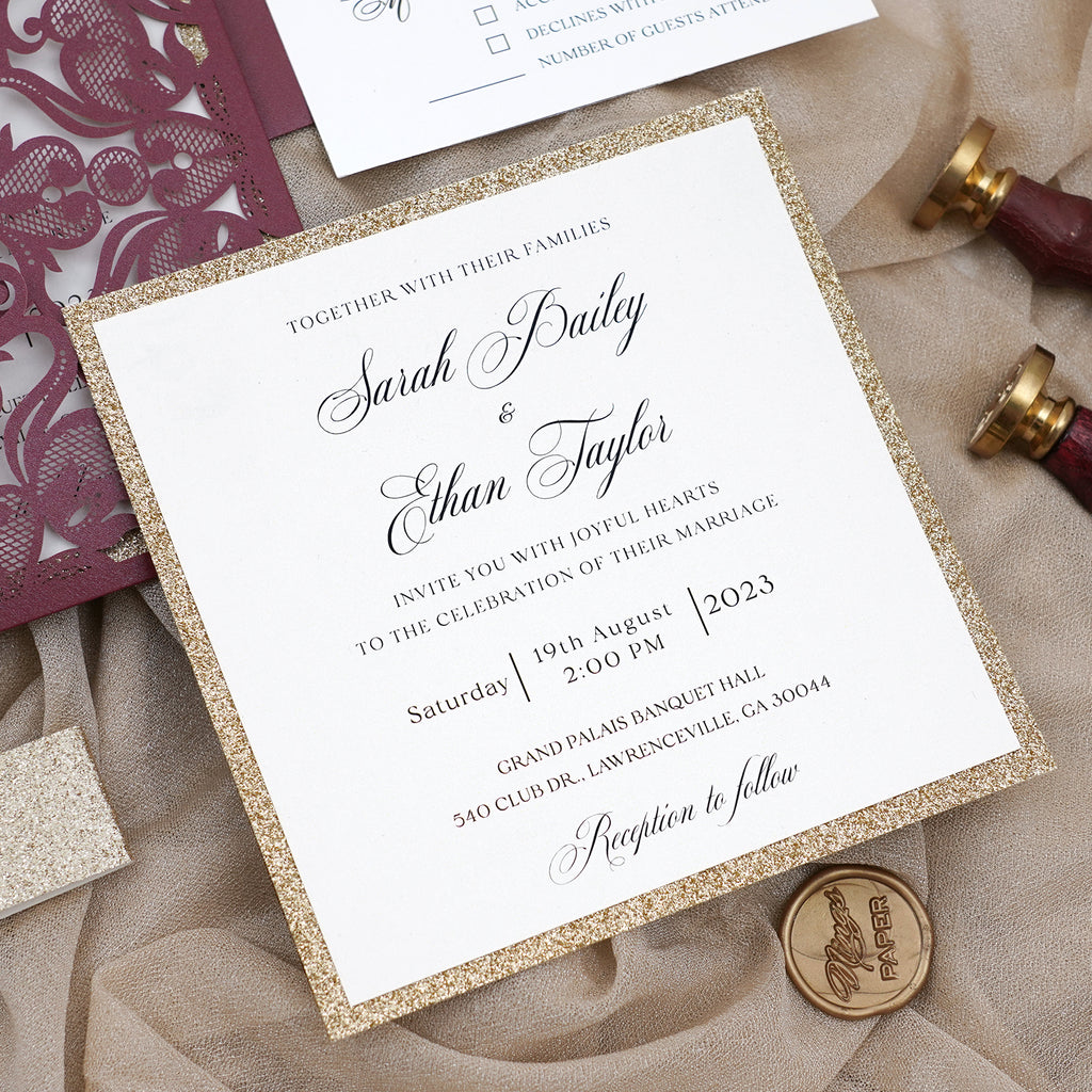 PONATIA Gorgeous Burgundy Shimmer Laser Cut Wedding Invites Pocket with Glitter Backer and Belly Band