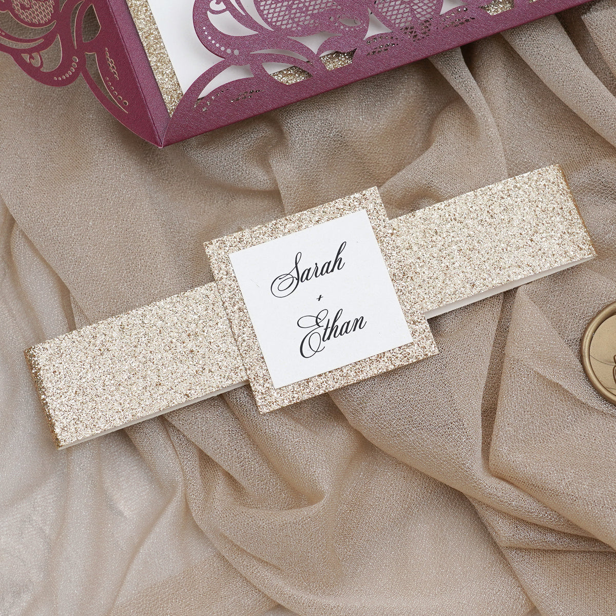 PONATIA Gorgeous Burgundy Shimmer Laser Cut Wedding Invites Pocket with Glitter Backer and Belly Band