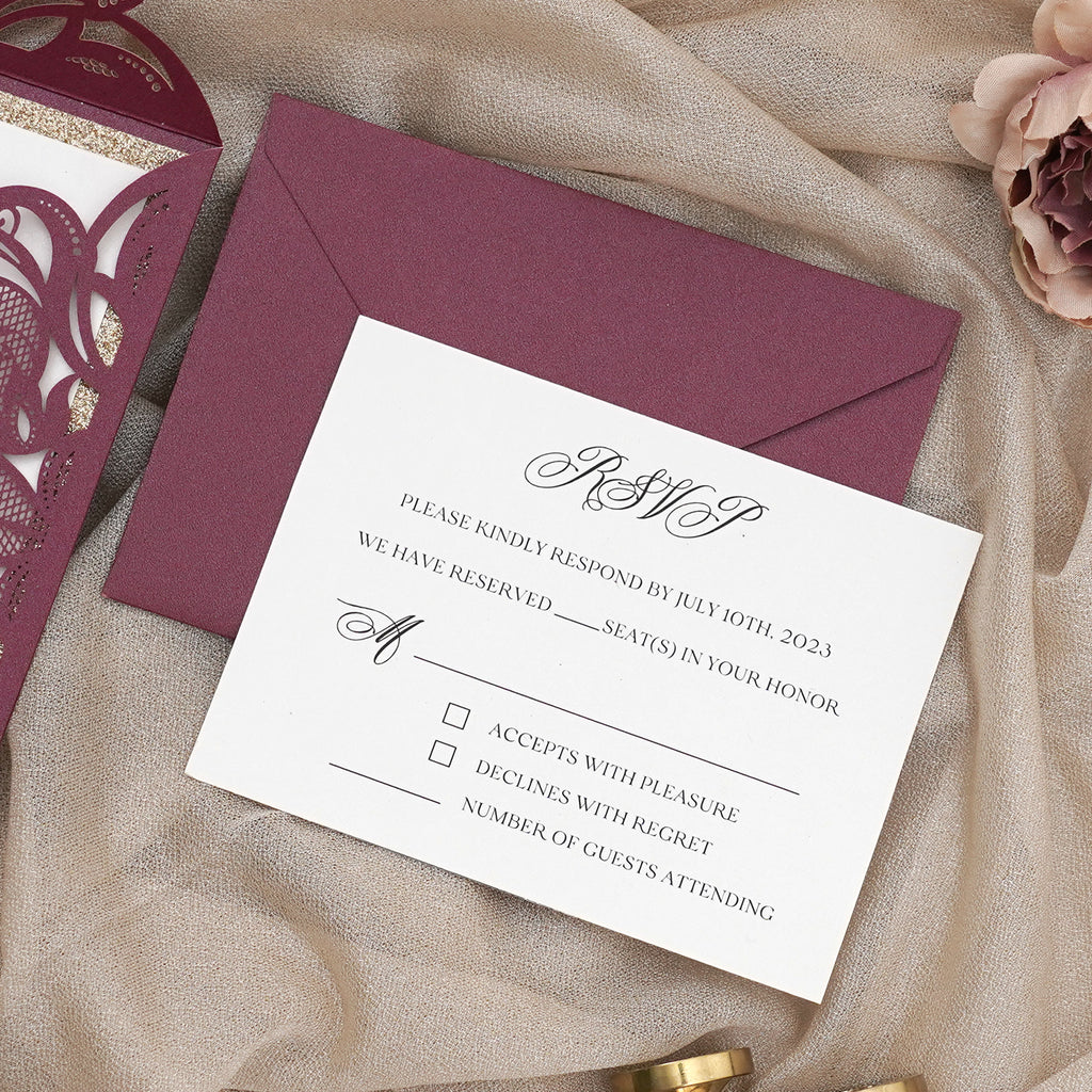 PONATIA Gorgeous Burgundy Shimmer Laser Cut Wedding Invites Pocket with Glitter Backer and Belly Band
