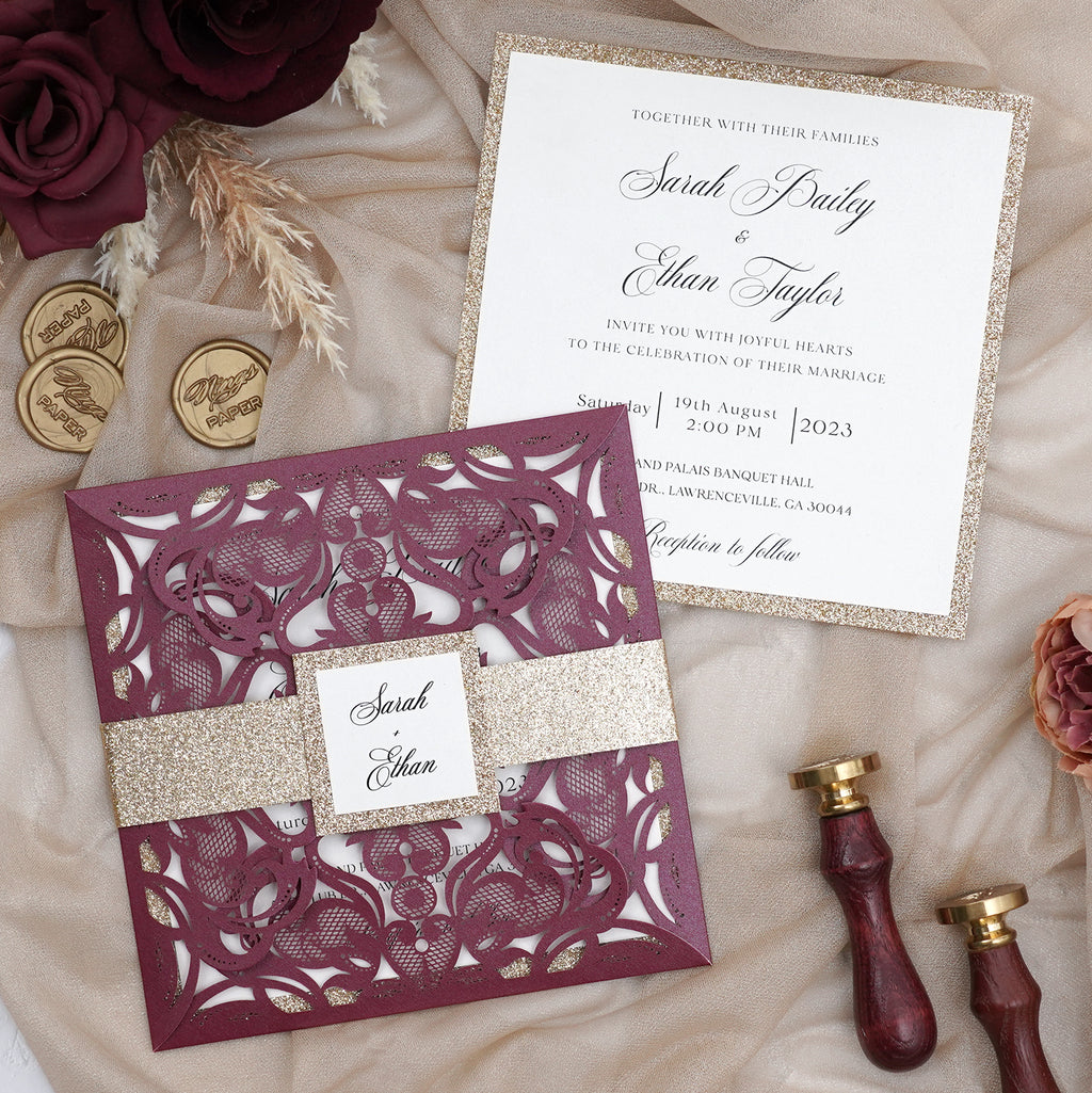 PONATIA Gorgeous Burgundy Shimmer Laser Cut Wedding Invites Pocket with Glitter Backer and Belly Band