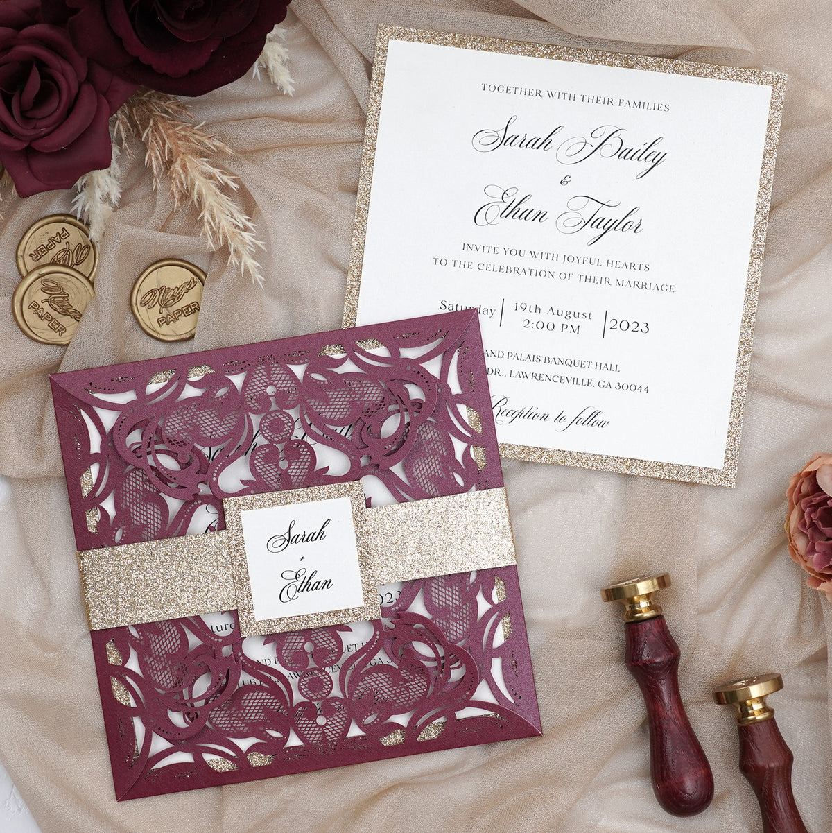 PONATIA Gorgeous Burgundy Shimmer Laser Cut Wedding Invites Pocket with Glitter Backer and Belly Band