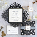 PONATIA Gorgeous Black Shimmer Laser Cut Wedding Invites Pocket with Glitter Backer and Belly Band