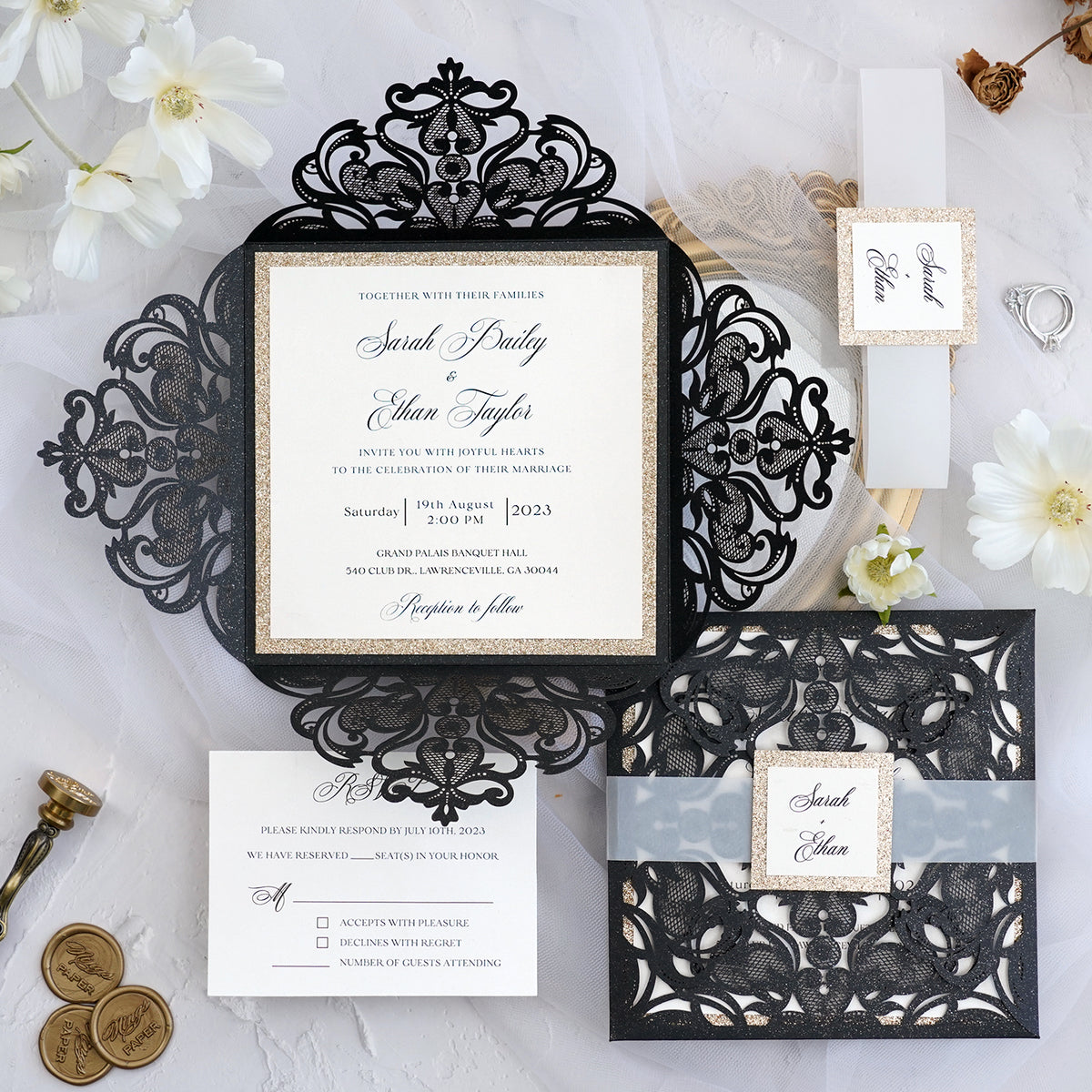 PONATIA Gorgeous Black Shimmer Laser Cut Wedding Invites Pocket with Glitter Backer and Belly Band
