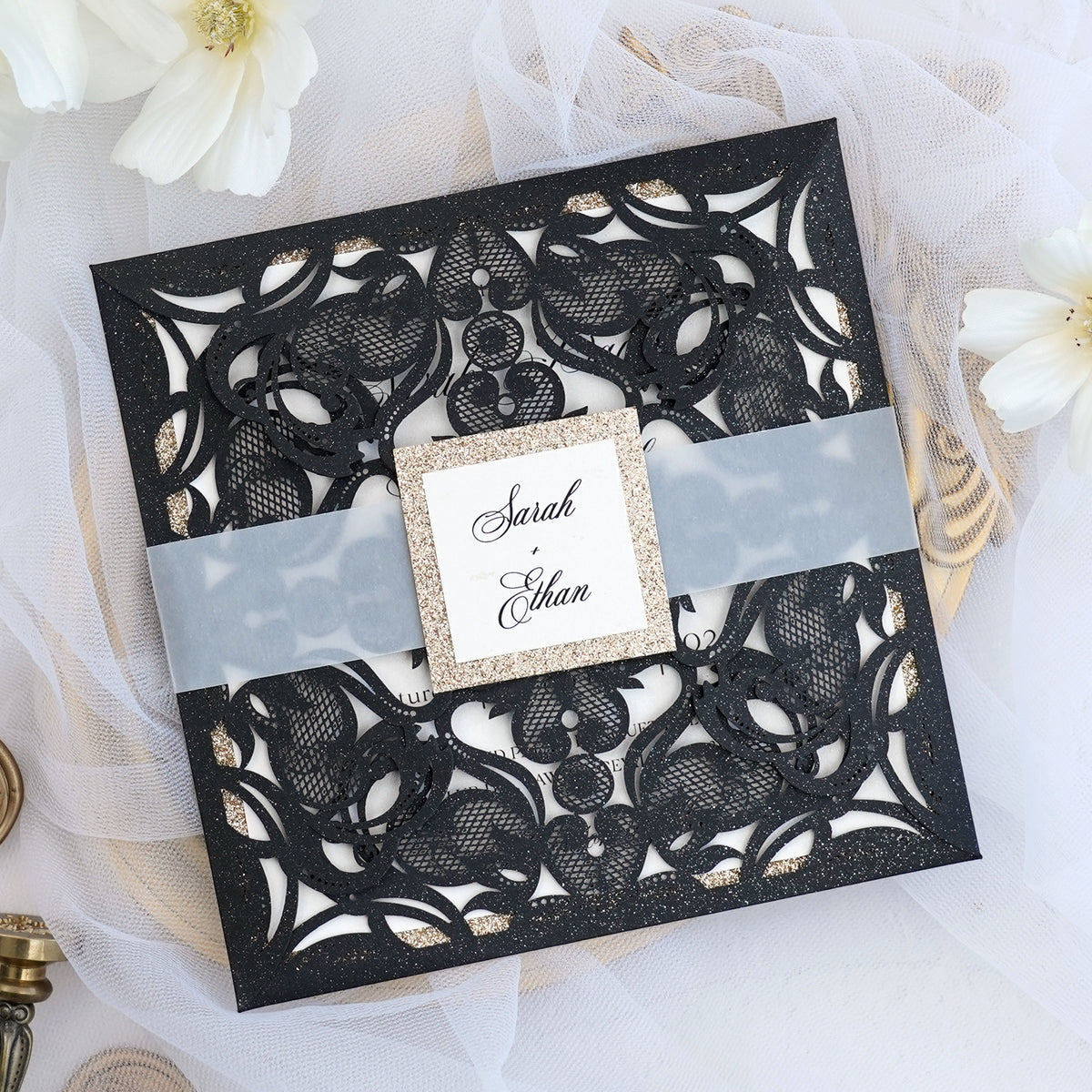 PONATIA Gorgeous Black Shimmer Laser Cut Wedding Invites Pocket with Glitter Backer and Belly Band