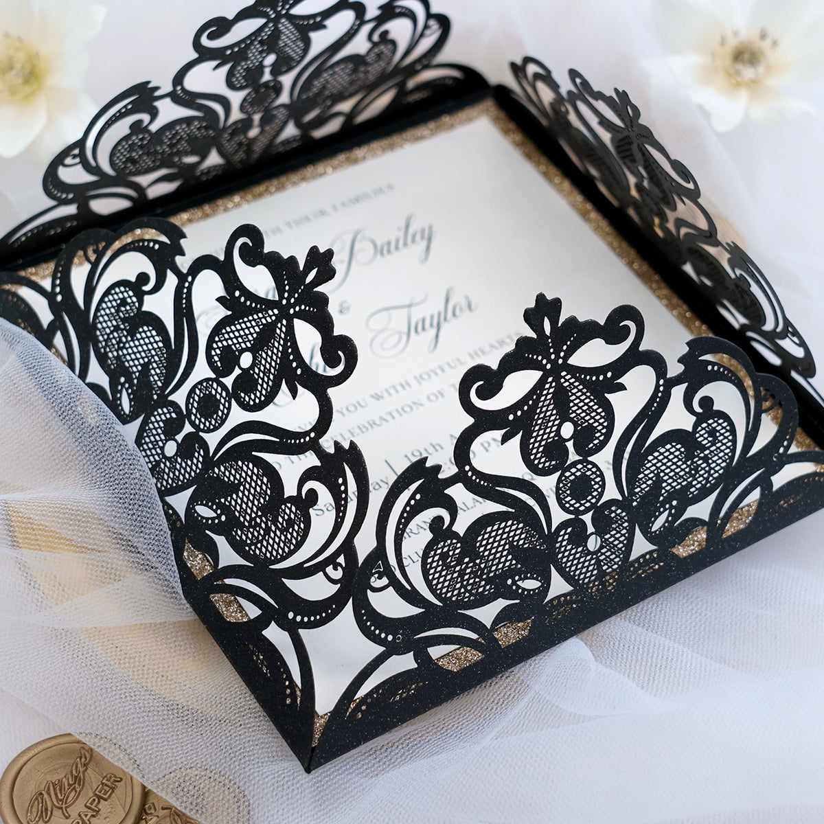 PONATIA Gorgeous Black Shimmer Laser Cut Wedding Invites Pocket with Glitter Backer and Belly Band