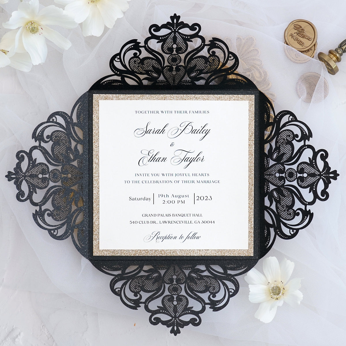 PONATIA Gorgeous Black Shimmer Laser Cut Wedding Invites Pocket with Glitter Backer and Belly Band