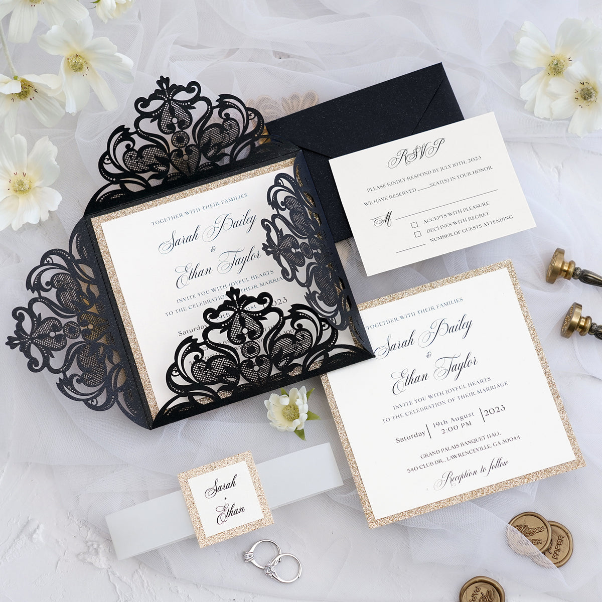 PONATIA Gorgeous Black Shimmer Laser Cut Wedding Invites Pocket with Glitter Backer and Belly Band
