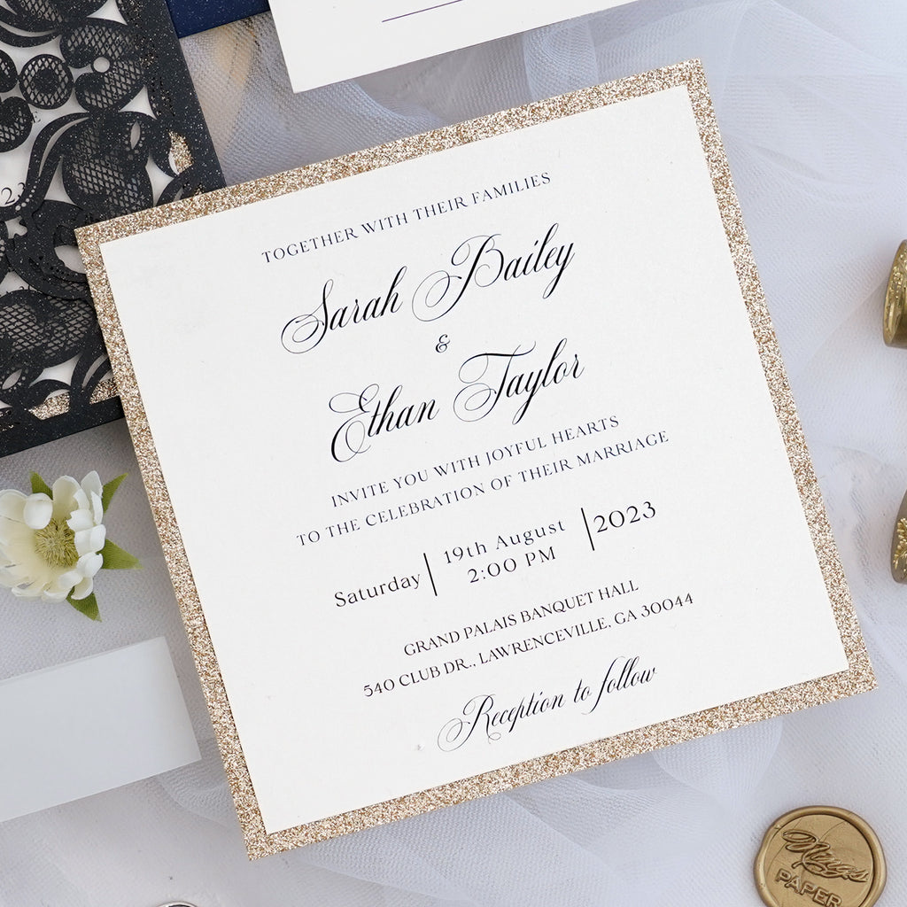 PONATIA Gorgeous Black Shimmer Laser Cut Wedding Invites Pocket with Glitter Backer and Belly Band