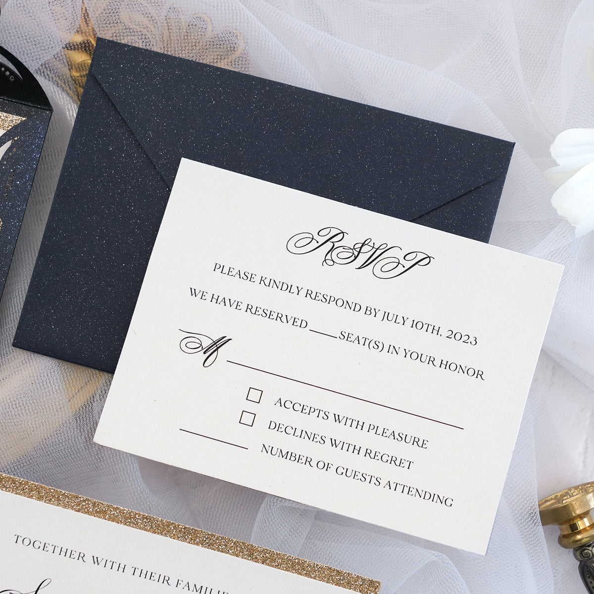PONATIA Gorgeous Black Shimmer Laser Cut Wedding Invites Pocket with Glitter Backer and Belly Band