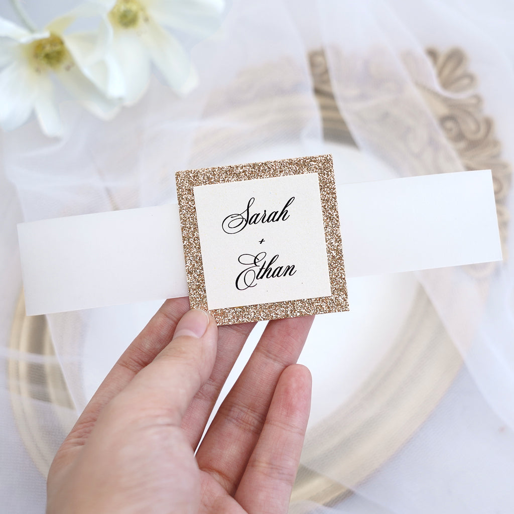 PONATIA Gorgeous Black Shimmer Laser Cut Wedding Invites Pocket with Glitter Backer and Belly Band