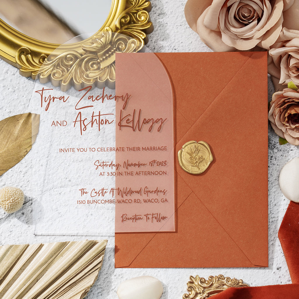 PONATIA 1mm/0.04" Unique Shape Clear Arch Acrylic Wedding Invitation Cards with Burnt Orange Envelope