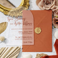 PONATIA 1mm/0.04" Unique Shape Clear Arch Acrylic Wedding Invitation Cards with Burnt Orange Envelope