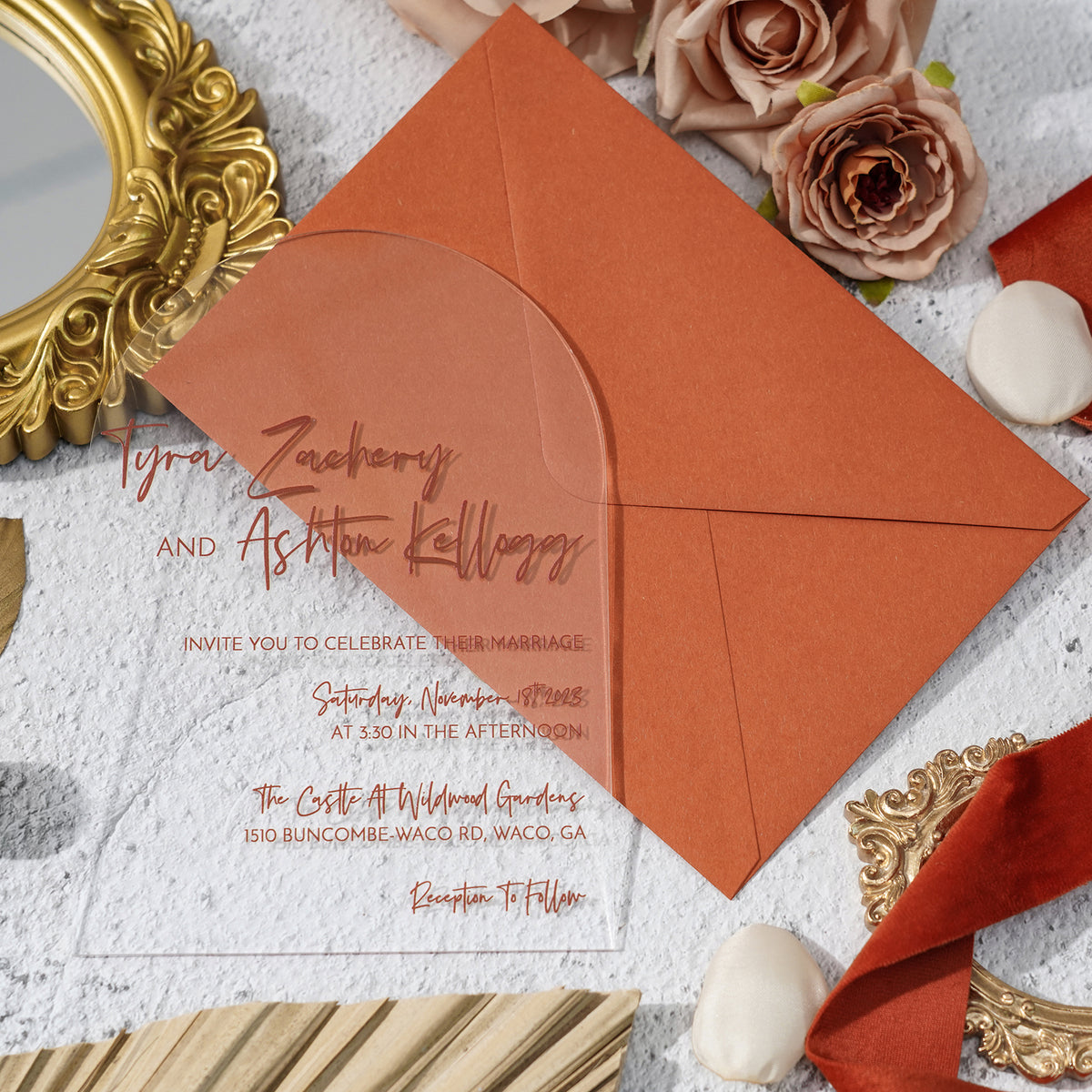 PONATIA 1mm/0.04" Unique Shape Clear Arch Acrylic Wedding Invitation Cards with Burnt Orange Envelope