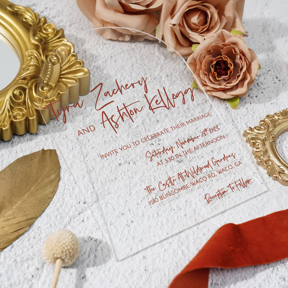 PONATIA 1mm/0.04" Unique Shape Clear Arch Acrylic Wedding Invitation Cards with Burnt Orange Envelope