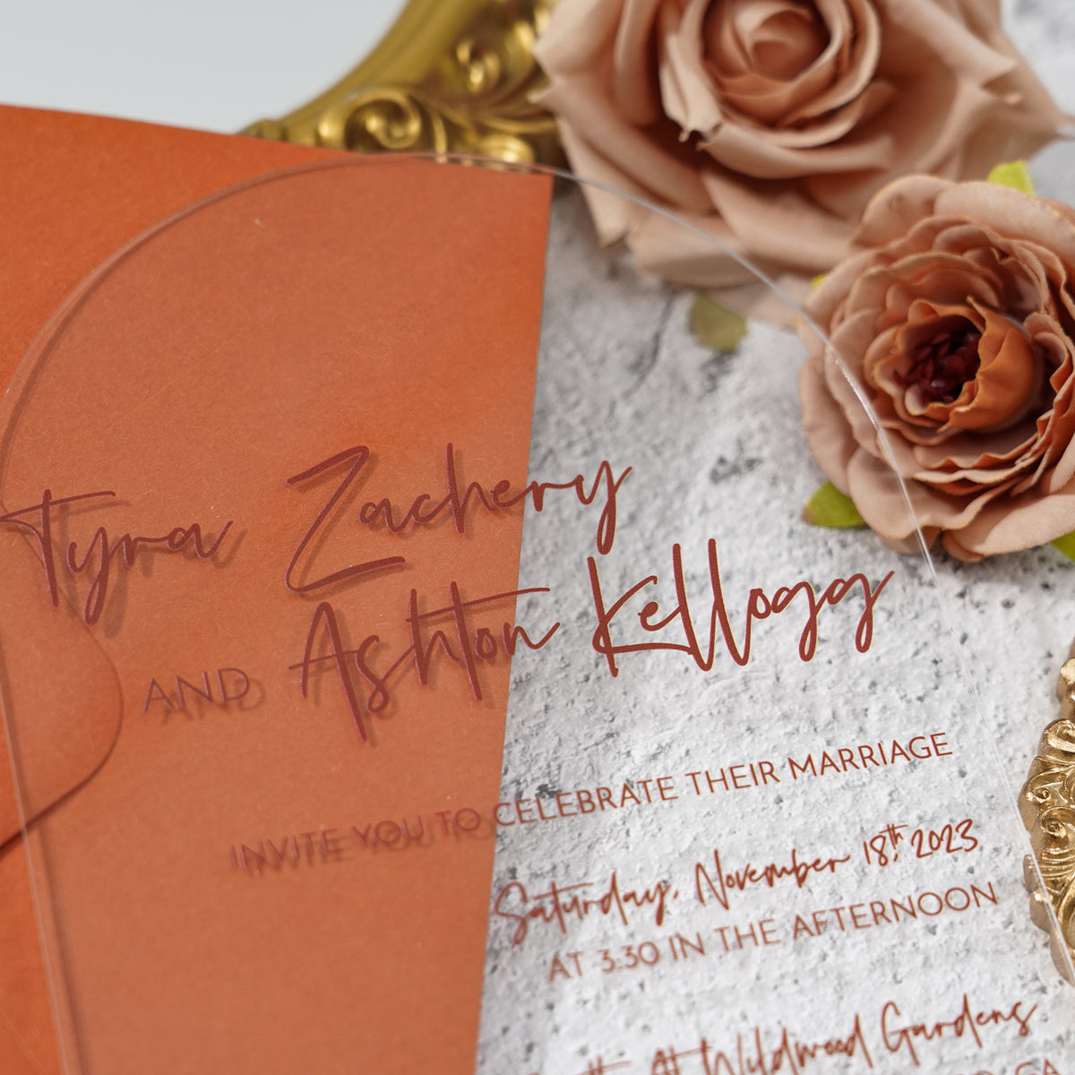 PONATIA 1mm/0.04" Unique Shape Clear Arch Acrylic Wedding Invitation Cards with Burnt Orange Envelope