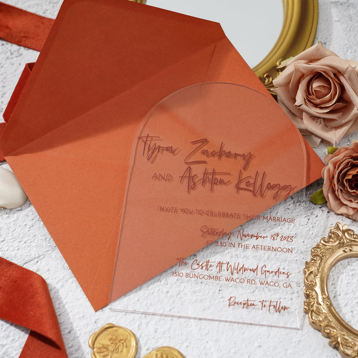 PONATIA 1mm/0.04" Unique Shape Clear Arch Acrylic Wedding Invitation Cards with Burnt Orange Envelope