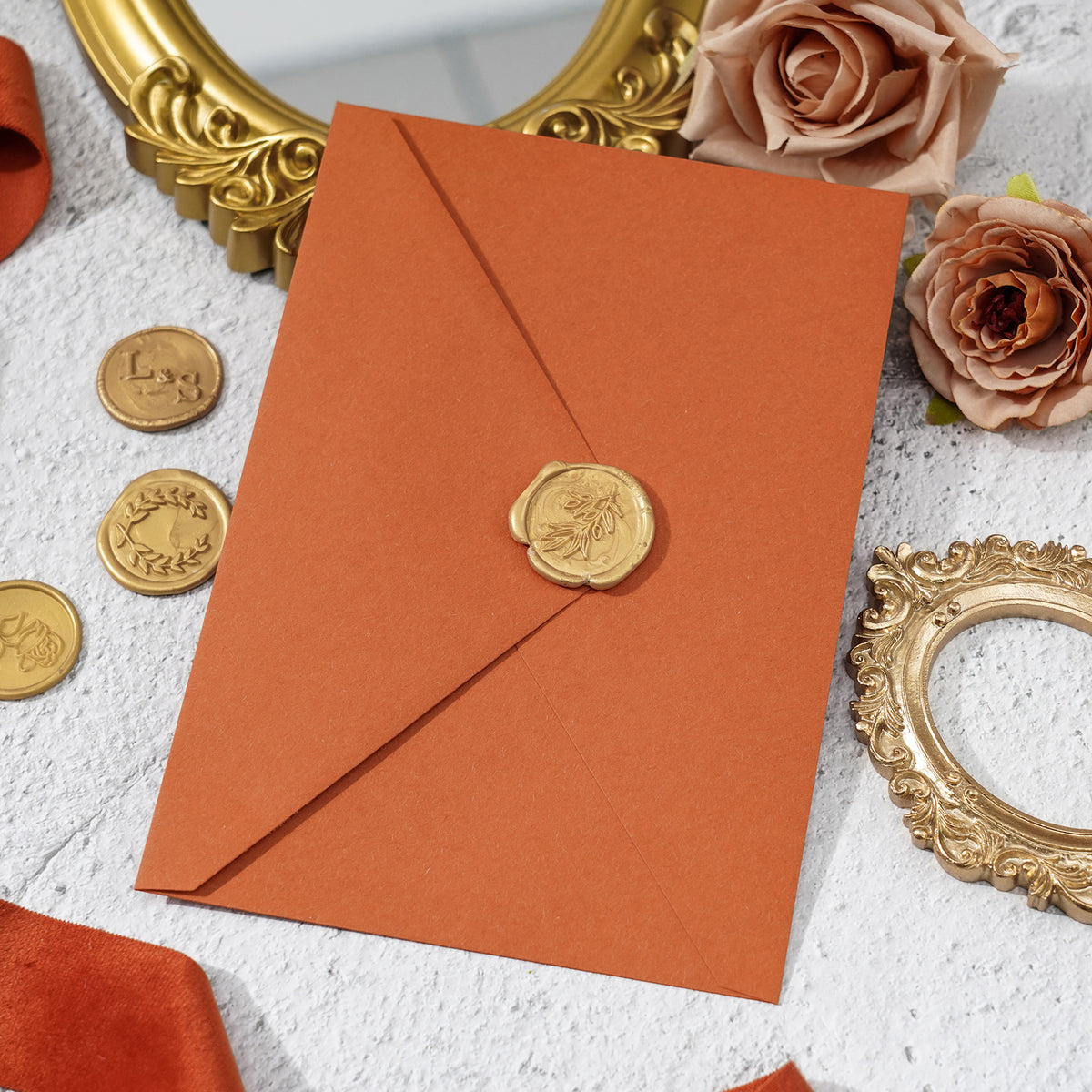 PONATIA 1mm/0.04" Unique Shape Clear Arch Acrylic Wedding Invitation Cards with Burnt Orange Envelope