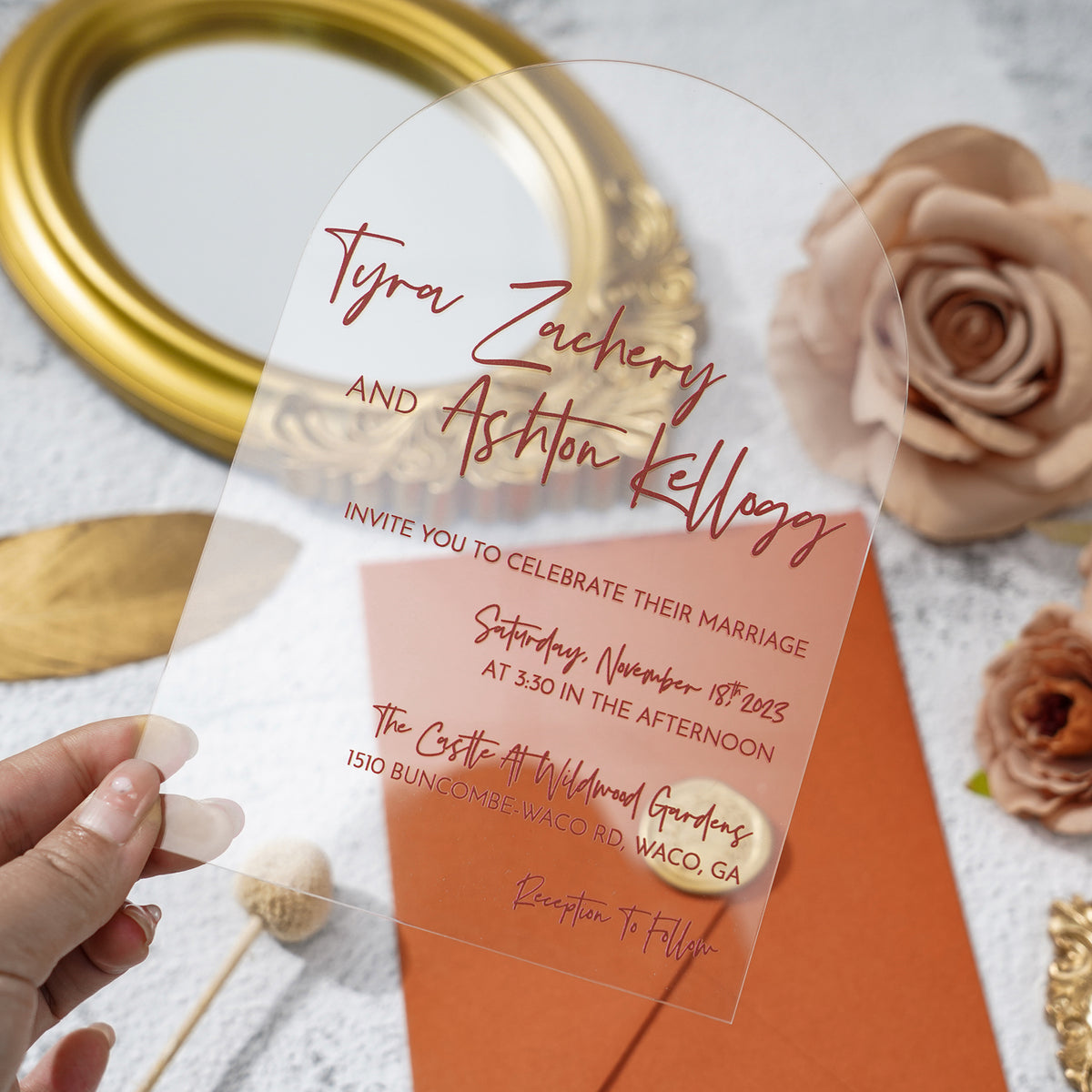 PONATIA 1mm/0.04" Unique Shape Clear Arch Acrylic Wedding Invitation Cards with Burnt Orange Envelope