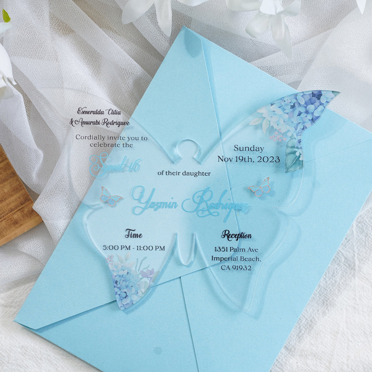 PONATIA 1mm/0.04" Baby Blue Butterfly Clear Acrylic Quinceanera Invitation Card with Envelope
