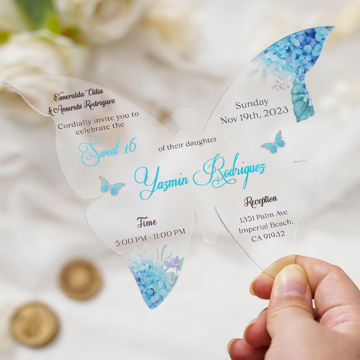 PONATIA 1mm/0.04" Baby Blue Butterfly Clear Acrylic Quinceanera Invitation Card with Envelope