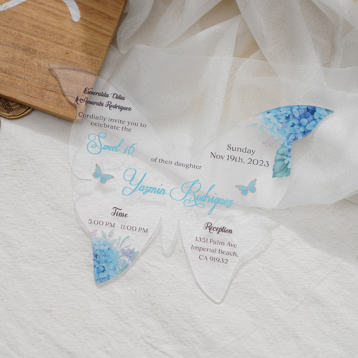 PONATIA 1mm/0.04" Baby Blue Butterfly Clear Acrylic Quinceanera Invitation Card with Envelope