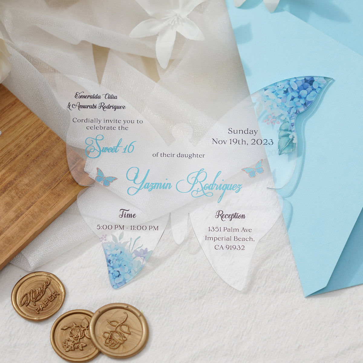 PONATIA 1mm/0.04" Baby Blue Butterfly Clear Acrylic Quinceanera Invitation Card with Envelope