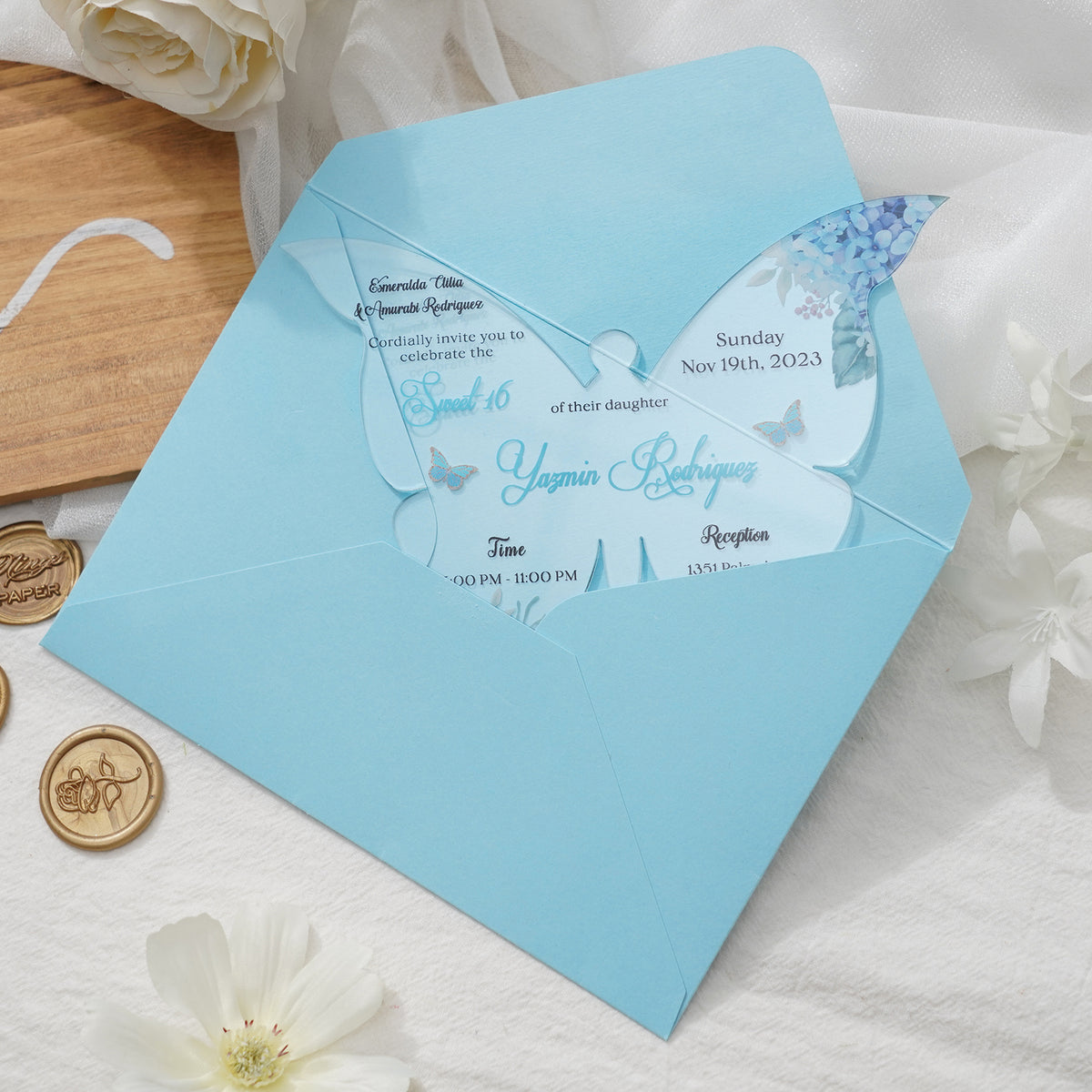 PONATIA 1mm/0.04" Baby Blue Butterfly Clear Acrylic Quinceanera Invitation Card with Envelope