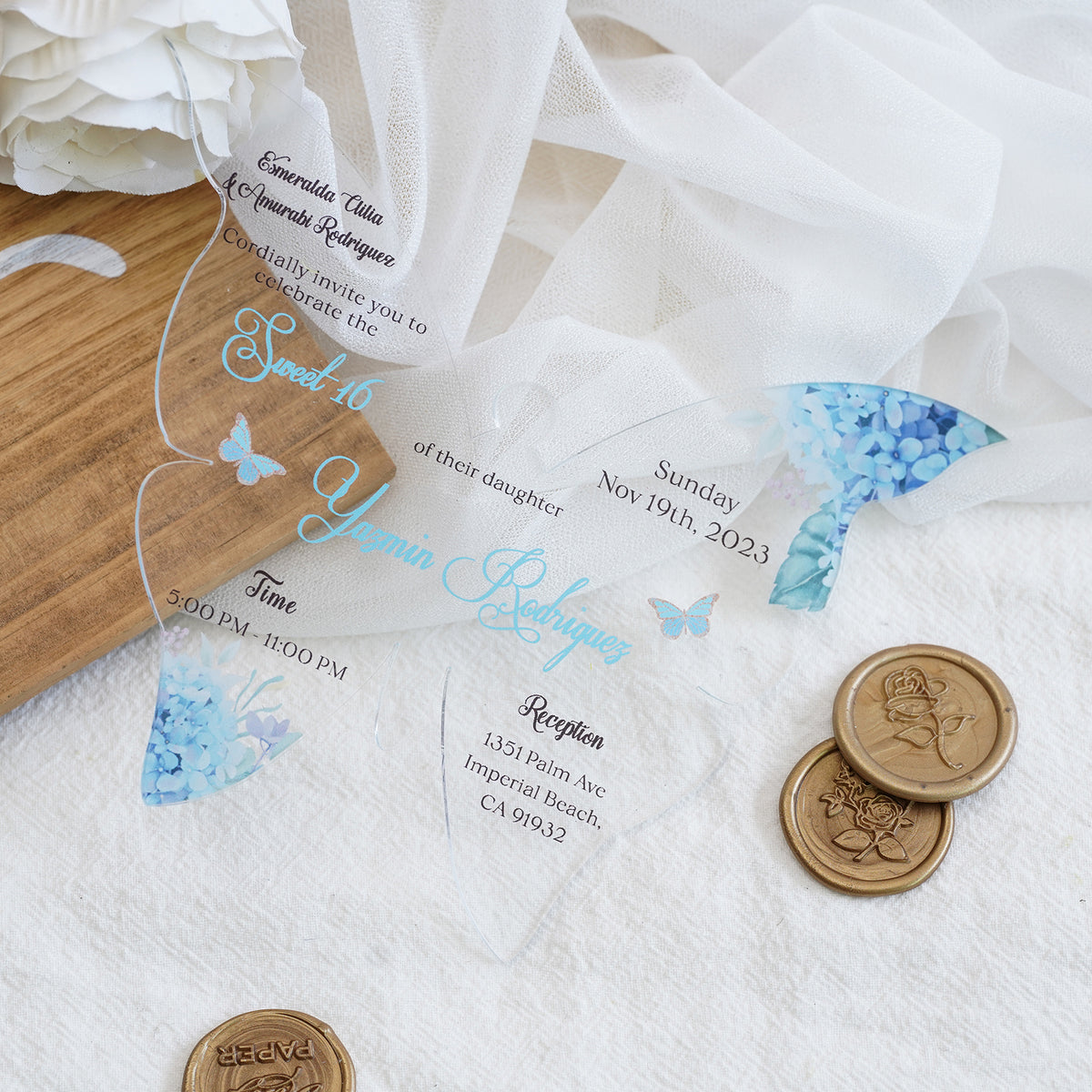 PONATIA 1mm/0.04" Baby Blue Butterfly Clear Acrylic Quinceanera Invitation Card with Envelope