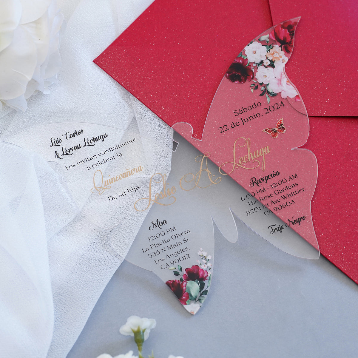 PONATIA 1mm/0.04" Burgundy Butterfly Clear Acrylic Quinceanera Invitation Card with Envelope
