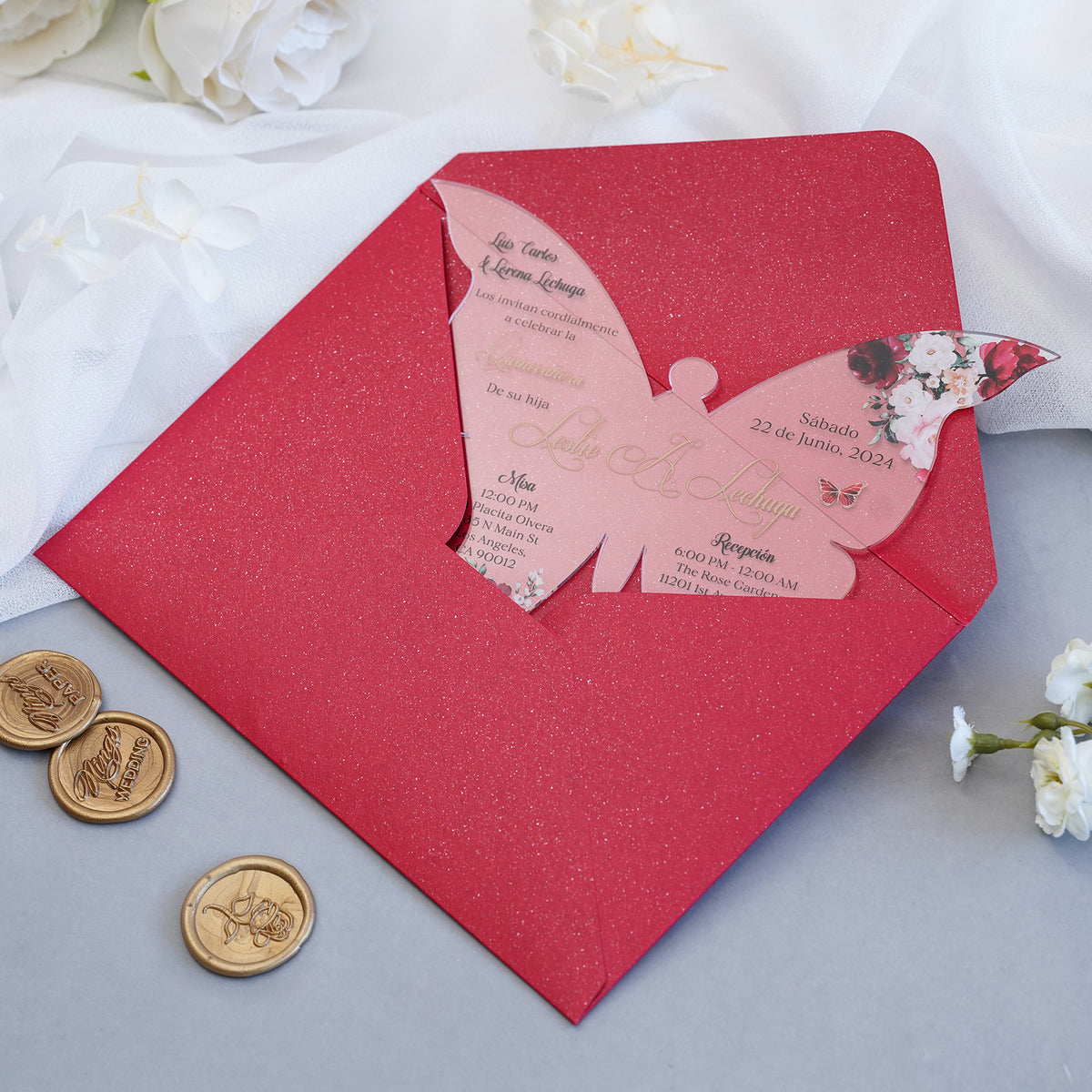 PONATIA 1mm/0.04" Burgundy Butterfly Clear Acrylic Quinceanera Invitation Card with Envelope