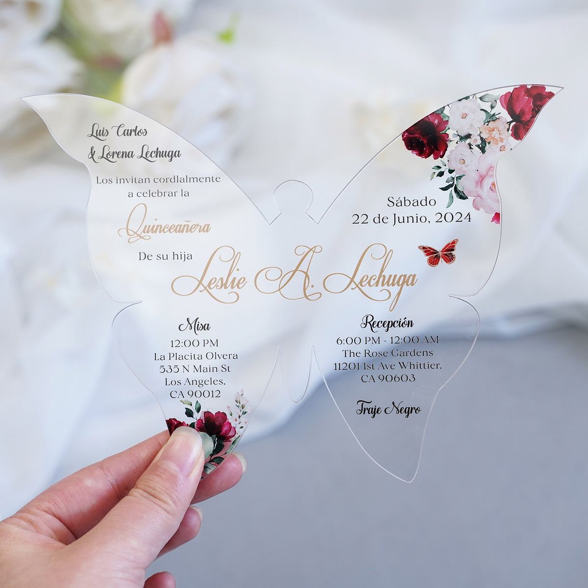PONATIA 1mm/0.04" Burgundy Butterfly Clear Acrylic Quinceanera Invitation Card with Envelope