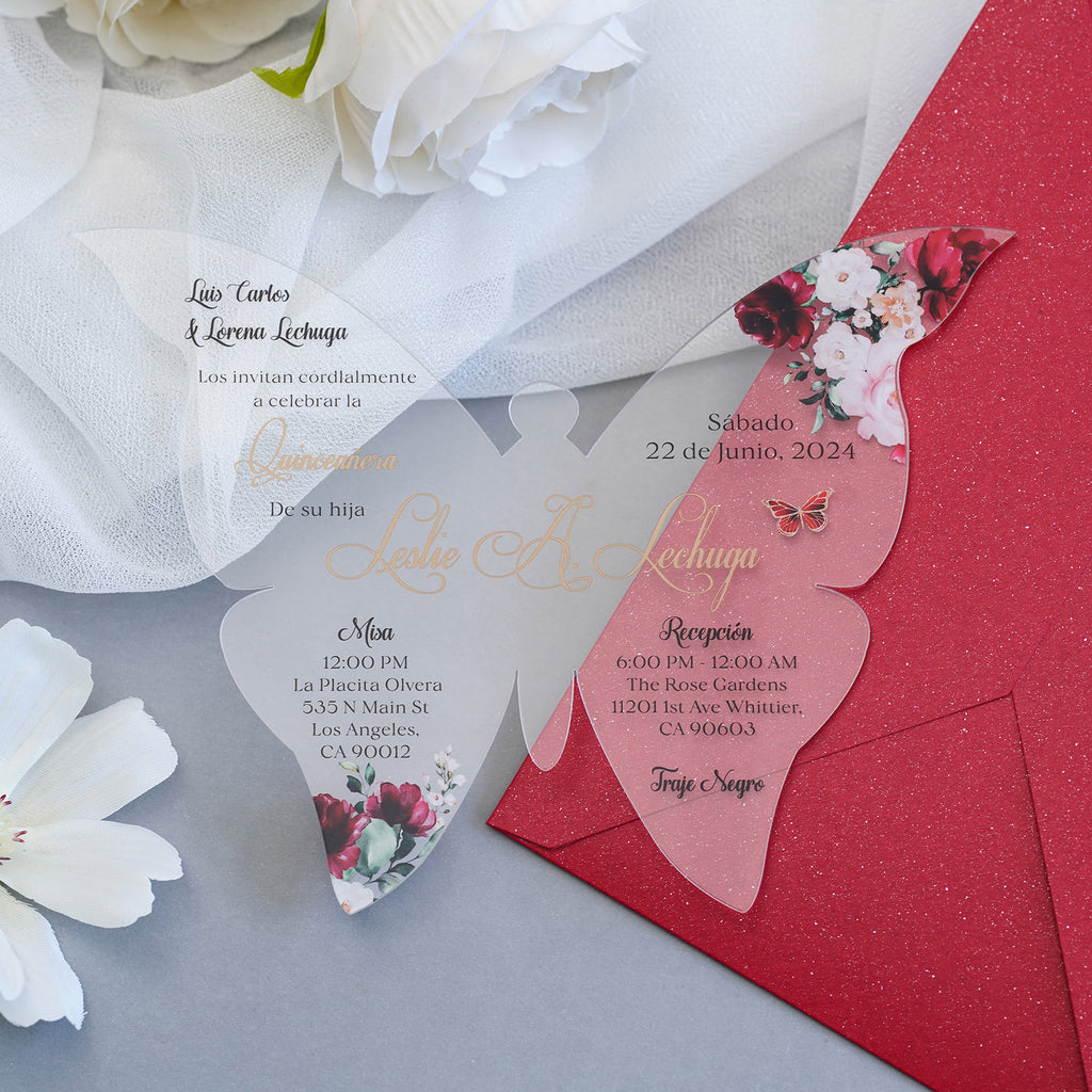 PONATIA 1mm/0.04" Burgundy Butterfly Clear Acrylic Quinceanera Invitation Card with Envelope