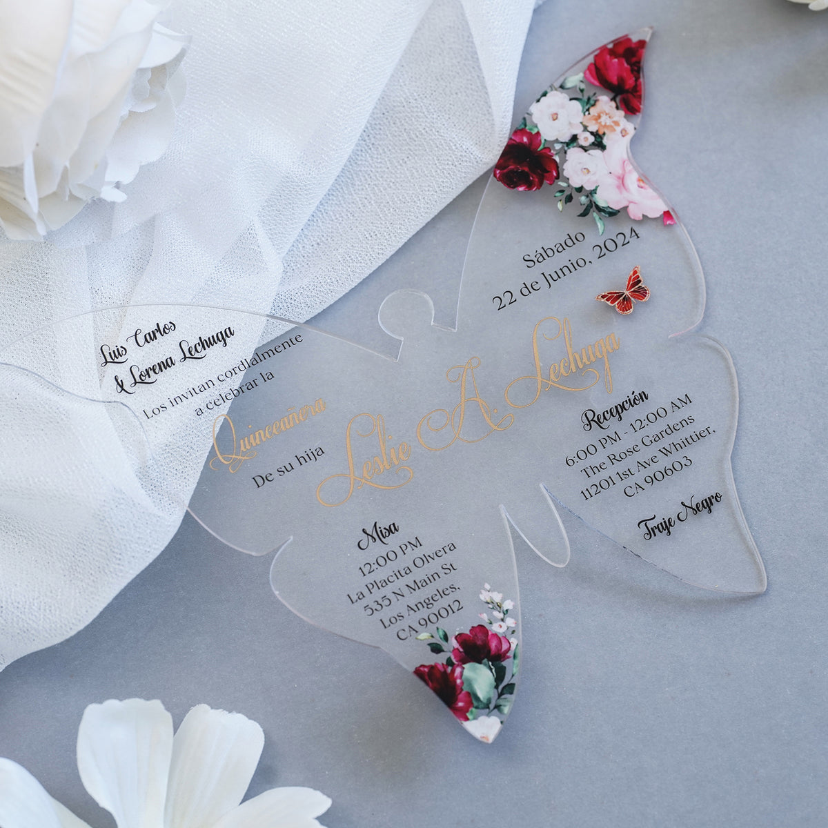 PONATIA 1mm/0.04" Burgundy Butterfly Clear Acrylic Quinceanera Invitation Card with Envelope