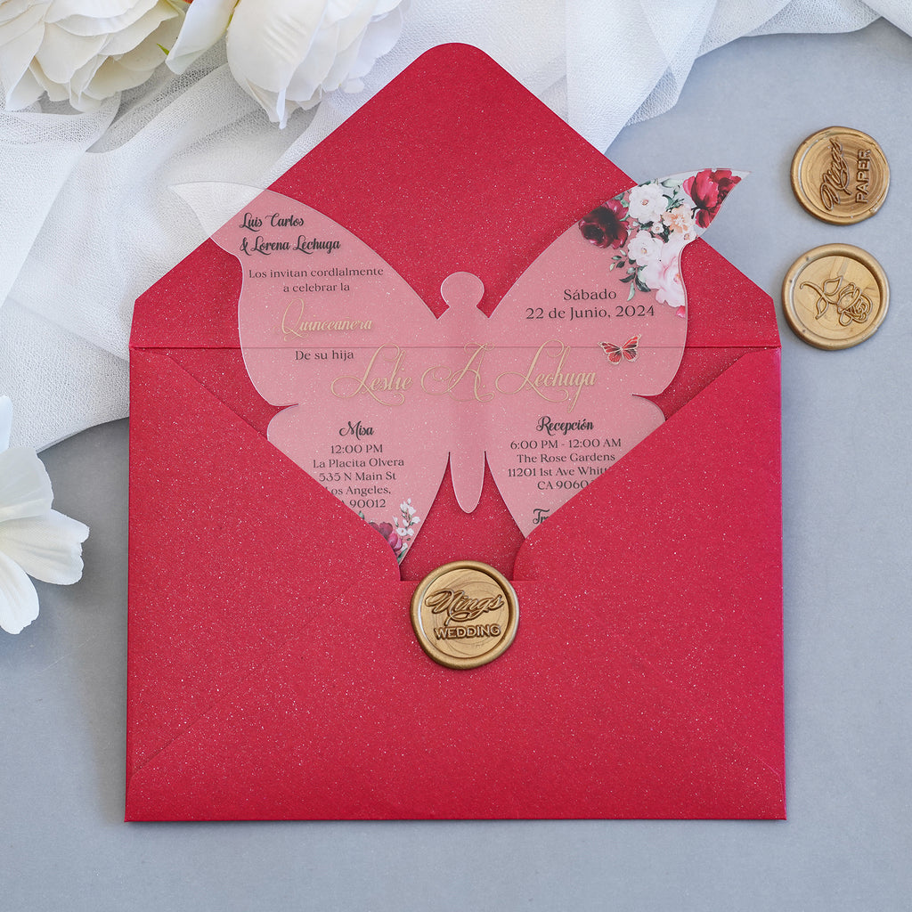 PONATIA 1mm/0.04" Burgundy Butterfly Clear Acrylic Quinceanera Invitation Card with Envelope
