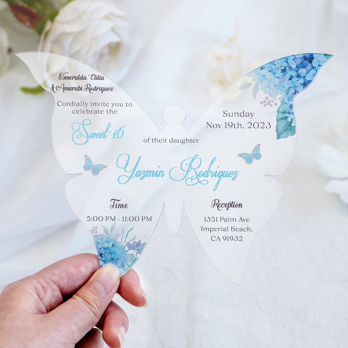 PONATIA 1mm/0.04" Baby Blue Butterfly Clear Acrylic Quinceanera Invitation Card with Envelope