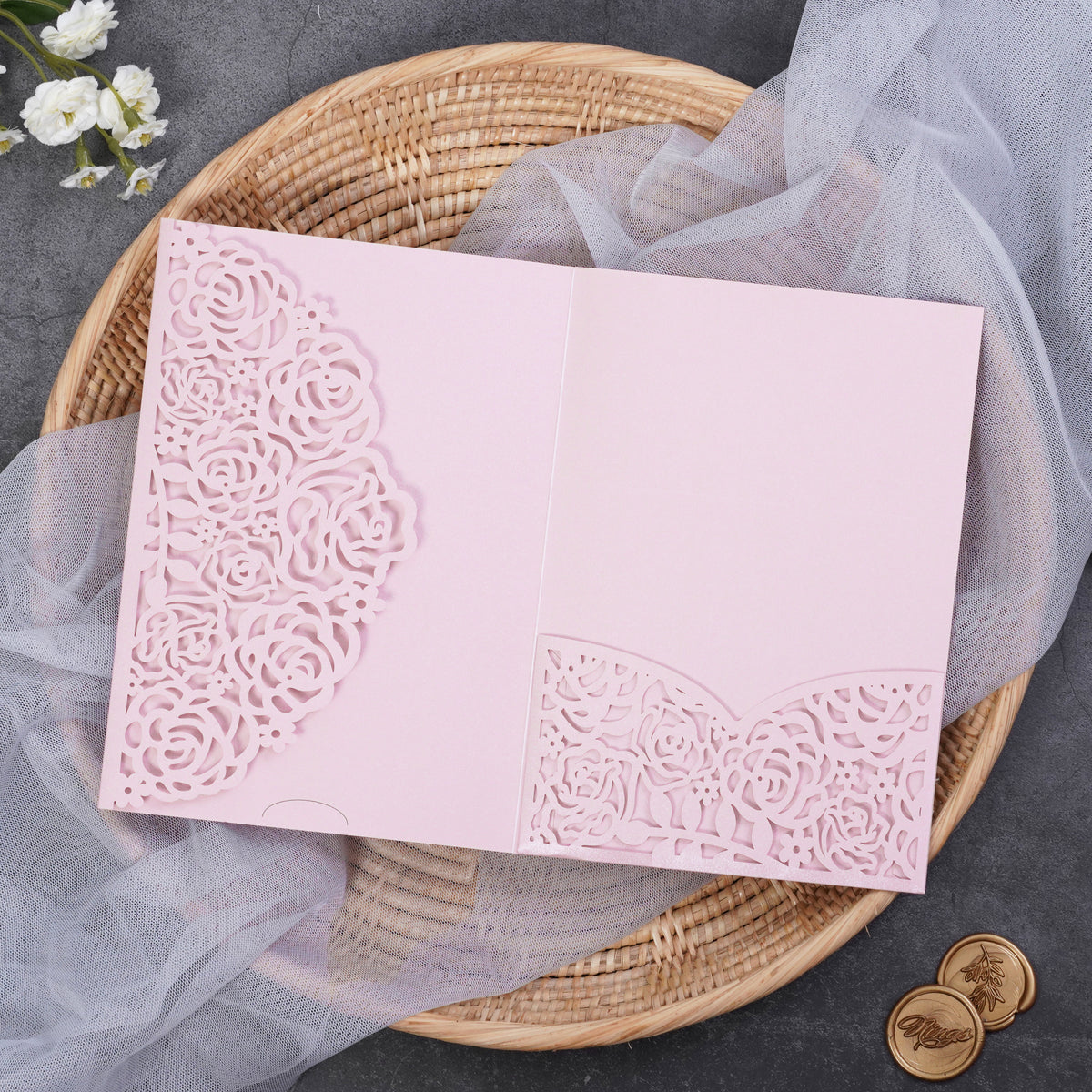 PONATIA Two-color Rose Design Tri-fold Laser Cut Pockets Collection PA-268
